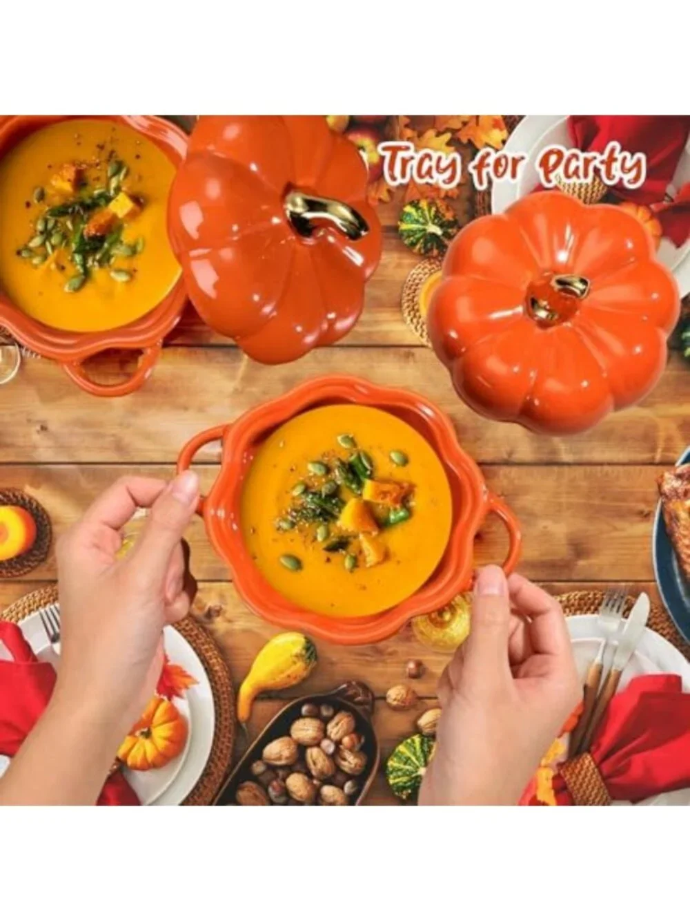 Set of 6 Pumpkin Ceramic Soup Bowls, 15 oz - Fall Decor, Orange Tableware